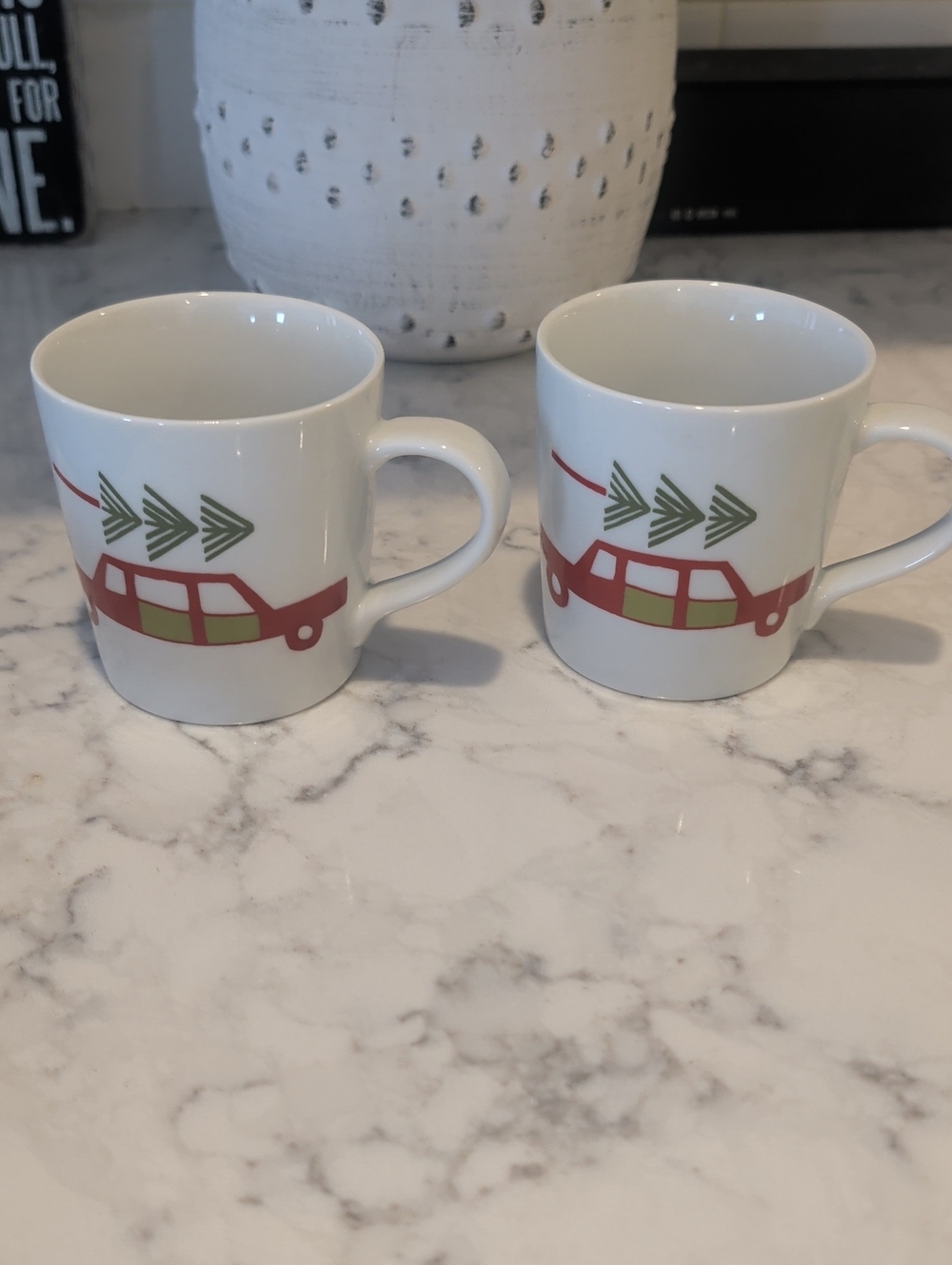 Crate And Barrel Holiday Tree-Top Car Ceramic Mini Mugs- White with Red & Green